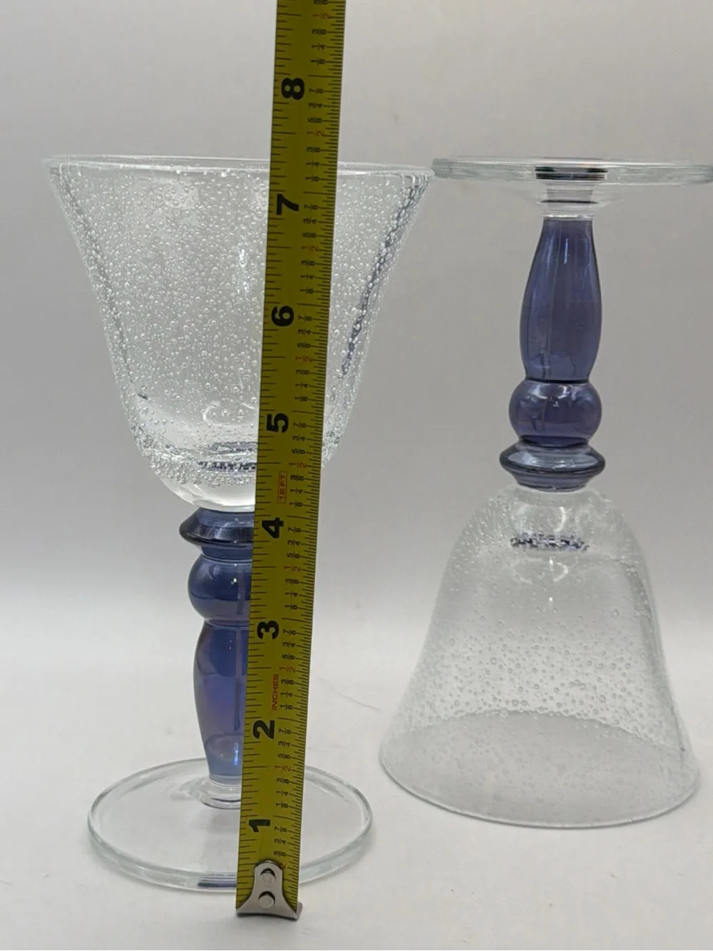 Pottery Barn Bubble Glass Wine Goblets with Blue Stems (Pair)8oz